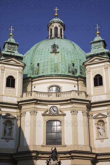 St Peters Church. Part view of exterior with dome and twin towers. Thought to occupy the oldest Christian sacred site in Vienna. Building dates from 1702. Photo: Bennett Dean