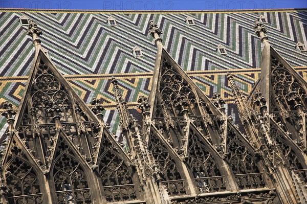 Stephansdom Cathedral. Detail of diamond patterned tile roof added in 1952. Photo: Bennett Dean