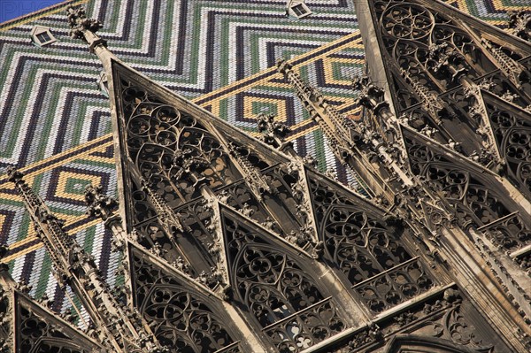 Stephansdom Cathedral. Detail of diamond patterned tile roof added in 1952. Photo : Bennett Dean