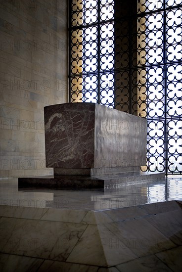 Mausoleum of Mustafa Kemal Ataturk founder of the modern Turkish Republic and first president in 1923 who died in 1938. Hall of Honour and red marble cenotaph positioned looking out over the city.. Photo : Hugh Rooney