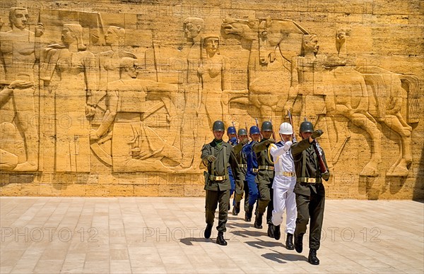 Mausoleum of Mustafa Kemal Ataturk founder of the modern Turkish Republic and president in 1923. Changing of the Guard taking place in foreground of relief carved frieze. Photo : Hugh Rooney