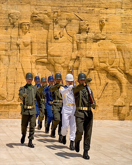 Mausoleum of Mustafa Kemal Ataturk founder of the modern Turkish Republic and president in 1923. Changing of the Guard taking place in foreground of relief carved frieze. Photo : Hugh Rooney