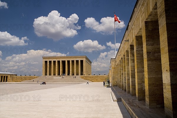 Mausoleum of Mustafa Kemal Ataturk founder of the modern Turkish Republic and president in 1923. Monumental structure set on hilltop with flight of steps to colonnaded entrance and bordered by further colonnades flying Turkish flag. Photo: Hugh Rooney