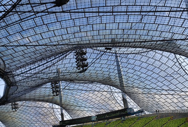 Olympic Stadium built as the main venue for the 1972 Summer Olympics. View along seating beneath large sweeping canopies of acrylic glass stabilised by steel cables meant to represent the Alps. Photo : Hugh Rooney