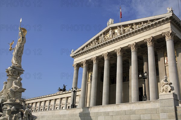 Parliament. Exterior facade with fountain and statue of Athena to the left. Photo: Bennett Dean