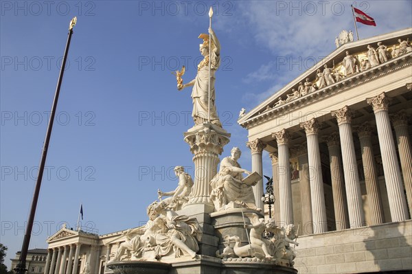 Statue of Athena rising from fountain in front of the Parliament building. Photo : Bennett Dean