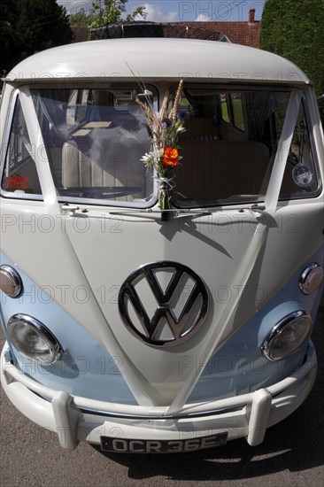 Volkswagen camper van decorated for use a wedding car. Photo: Stephen Rafferty