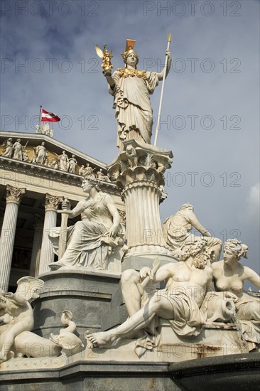 Statue of Athena raised on pillar above fountain in front of the Parliament building. Photo: Bennett Dean