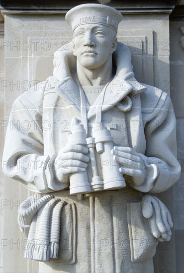 World War Two Naval Memorial on Southsea seafront designed by Sir Edmund Maufe with sculpture by Sir Charles Wheeler of a sailor holding binoculars. Photo: Paul Seheult