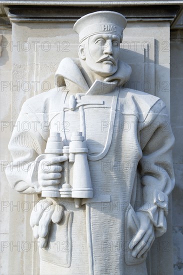 World War Two Naval Memorial on Southsea seafront designed by Sir Edmund Maufe with sculpture by Sir Charles Wheeler of a sailor holding binoculars. Photo: Paul Seheult