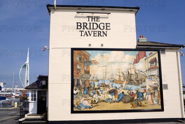 The Camber in Old Portsmouth showing The Spinnaker Tower behind the Bridge Tavern with a mural of Thomas Rowlanson s cartoon titled Portsmouth Point. Photo: Paul Seheult