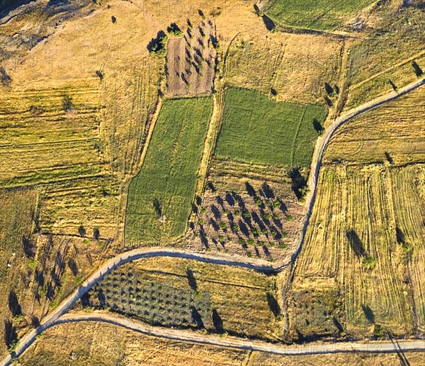 Aerial view over landscape and field patterns and branching road from hot air balloon. Photo : Hugh Rooney