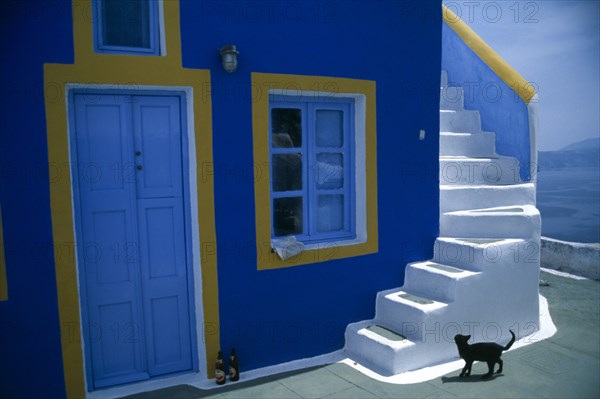 Greece, Cyclades, Santorini, Fira. Blue painted house with white steps leading up the outside wall and a black cat outside. 
Photo : Anna Mockford