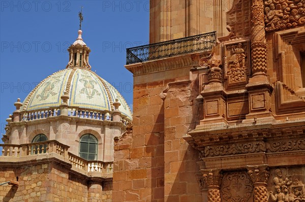 Mexico, Bajio, Zacatecas, Church facade and dome of Capilla del Nopales Guadalupe. 
Photo : Nick Bonetti