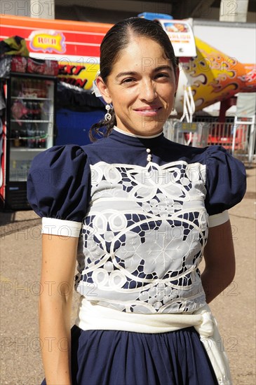Mexico, Bajio, Zacatecas, Charra or female cowboy in traditional dress at the Rodeo. 
Photo : Nick Bonetti
