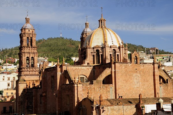 Mexico, Bajio, Zacatecas, The Cathedral exterior with domed roof and bell towers. 
Photo : Nick Bonetti