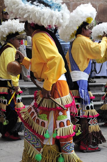 Mexico, Bajio, Zacatecas, Indigenous dance group performing in Plaza Hidalgo. 
Photo : Nick Bonetti