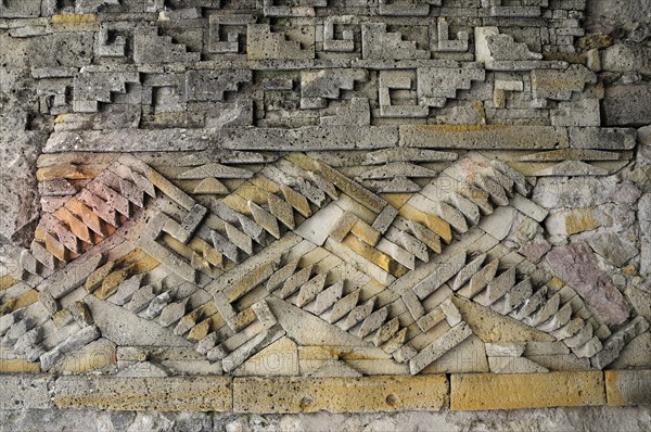 Mexico, Oaxaca, Mitla, Archaeological site. Detail of stone geometric mosaics on the Templo de las Columnas. 
Photo : Nick Bonetti