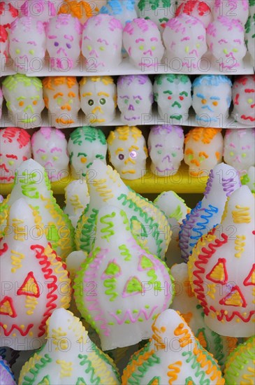 Mexico, Puebla, Sugar candies shaped as skulls and lanterns for Dia de los Muertos or Day of the Dead festivities. 
Photo : Nick Bonetti