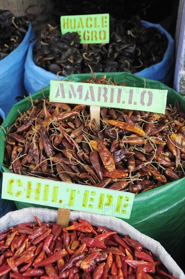 Mexico, Oaxaca, Sacks of dried dried chillies for sale in the market. 
Photo : Nick Bonetti