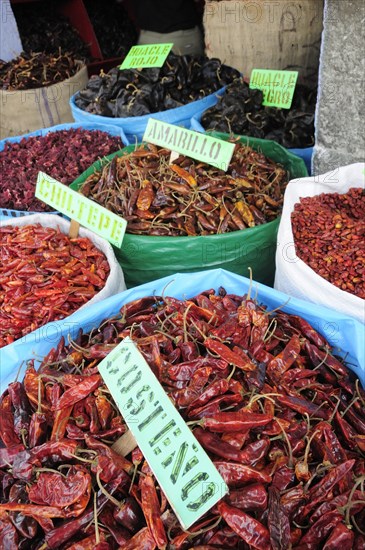 Mexico, Oaxaca, Sacks of dried chillies for sale in the market. 
Photo : Nick Bonetti