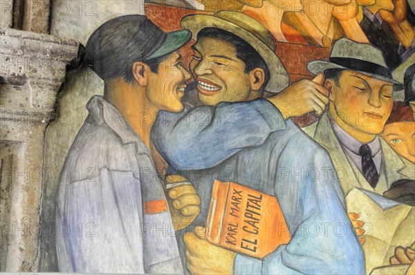 Mexico, Federal District, Mexico City, Detail of Mexico a Traves de los Siglos mural by Diego Rivera in the Palacio Nacional. 
Photo : Nick Bonetti