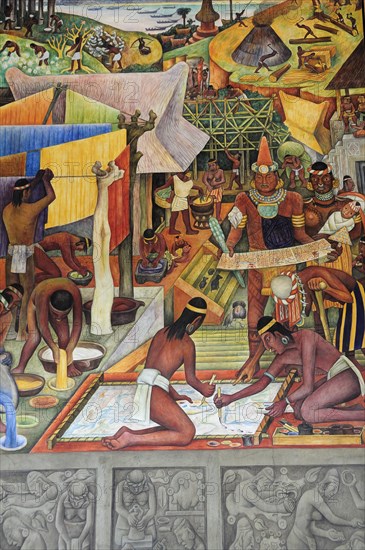 Mexico, Federal District, Mexico City, Detail of Mexico a Traves de los Siglos mural by Diego Rivera in the Palacio Nacional depicting life before the Conquest including paper making. 
Photo : Nick Bonetti