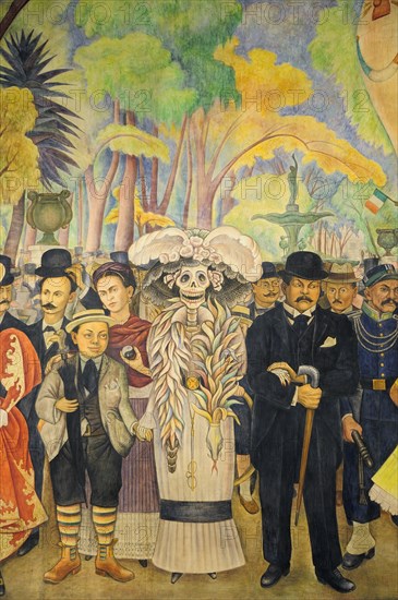 Mexico, Federal District, Mexico City, Dream of a Sunday Afternoon in the Alameda by Diego Rivera in the Museo Mural Diego Rivera. Mural detail depicting a young Rivera and Frida Kahlo. 
Photo : Nick Bonetti