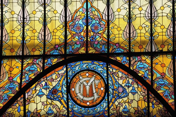 Mexico, Federal District, Mexico City, Detail of Tiffany glass window in the Gran Hotel Zocalo. 
Photo : Nick Bonetti