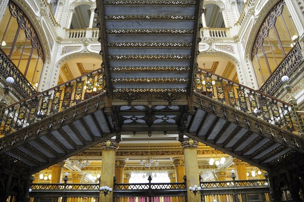 Mexico, Federal District, Mexico City, Art Nouveau interior and staircase of Correo Central the main Post Office. 
Photo : Nick Bonetti