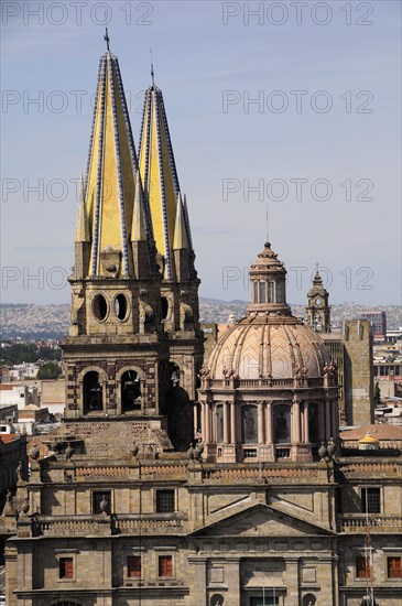 Mexico, Jalisco, Guadalajara, Cathedral part view of exterior facade roof dome and spires. 
Photo : Nick Bonetti