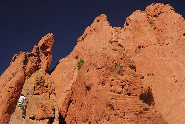USA, Colorado, Colorado Springs, Garden of the Gods public park climber ascending rock face of formation with multiple peaks. 
Photo : Hugh Rooney