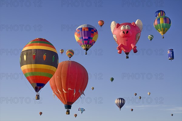 USA, New Mexico, Albuquerque, Annual balloon fiesta. Colourful hot air balloons. 
Photo : Hugh Rooney