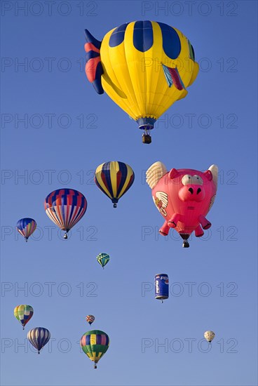 USA, New Mexico, Albuquerque, Annual balloon fiesta. Colourful hot air balloons. 
Photo : Hugh Rooney