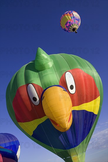 USA, New Mexico, Albuquerque, Annual balloon fiesta colourful hot air balloons with parrot shaped balloon in foreground. 
Photo : Hugh Rooney