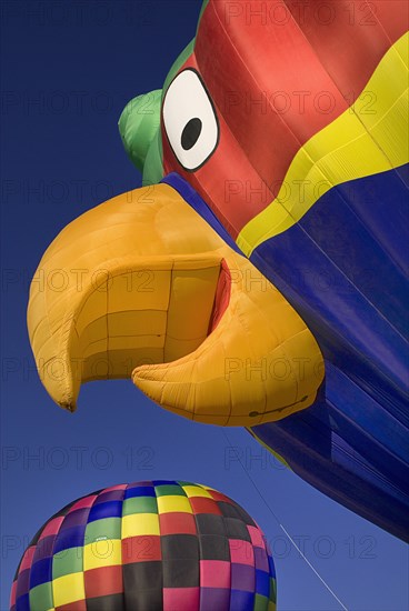 USA, New Mexico, Albuquerque, Annual balloon fiesta colourful hot air balloons ascending with parrot shaped balloon in foreground. 
Photo : Hugh Rooney