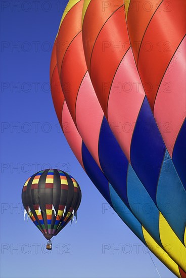 USA, New Mexico, Albuquerque, Annual balloon fiesta colourful hot air balloons in flight. 
Photo : Hugh Rooney