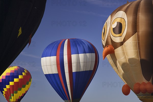 USA, New Mexico, Albuquerque, Annual balloon fiesta colourful hot air balloons in flight with owl shaped balloon part seen in the foreground. 
Photo : Hugh Rooney