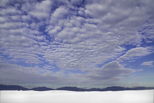 USA, New Mexico, Otero County, White Sands National Monunment. Landscape of white sand with dramatic cloudscape above. 
Photo : Hugh Rooney