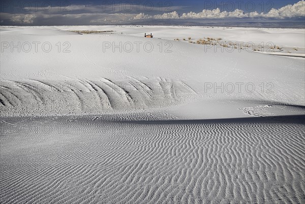 USA, New Mexico, Otero County, White Sands National Monunment. Landscape of white wind rippled sand with dramatic cloudscape above. 
Photo : Hugh Rooney