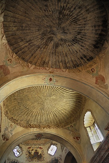 USA, Arizona, Tucson, Mission Church of San Xavier del Bac interior detail of painted ceiling. 
Photo : Hugh Rooney