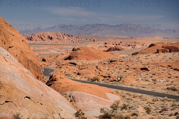USA, Nevada, Valley of Fire State Park, Road winding through the red rocky landscape. 
Photo : Hugh Rooney