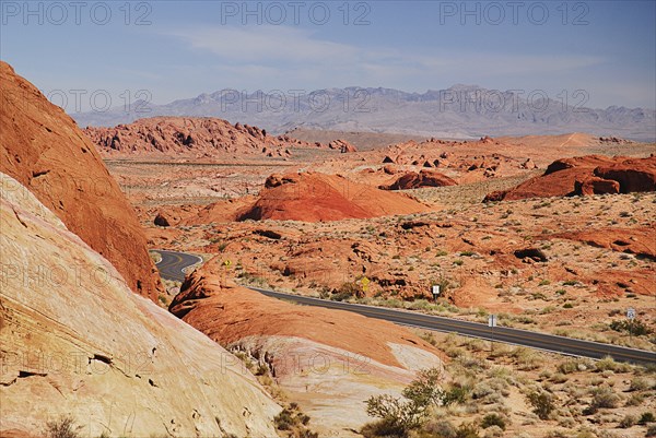 USA, Nevada, Valley of Fire State Park, Road winding through the red rocky landscape. 
Photo : Hugh Rooney