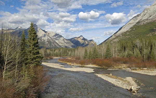 Canada, Alberta, Kananaskis, Kananaskis River in Evan Thomas Recreation Area white puffy clouds in a blue sky. 
Photo : Trevor Page