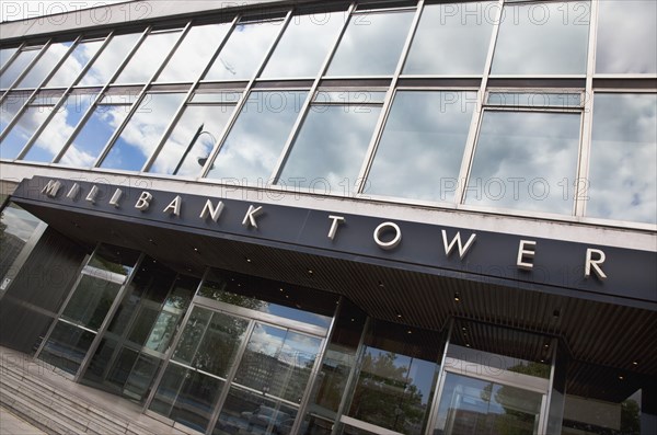 England, London, Westminster.Pimlico Angled view of exterior of Millbank Tower offices formerly Vickers Tower often used by major political parties due to its proximity to the Houses of Parliament along the river Thames. 
Photo : Stephen Rafferty