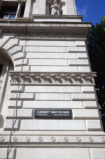 England, London, Westminster Whitehall sign for the Imperial War Museum and the Cabinet War rooms. 
Photo : Stephen Rafferty