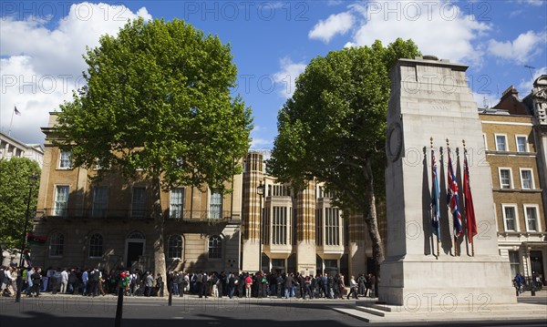 England, London, Westminster Whitehall the Cenotaph with protesters outside the Department for Health. 
Photo : Stephen Rafferty