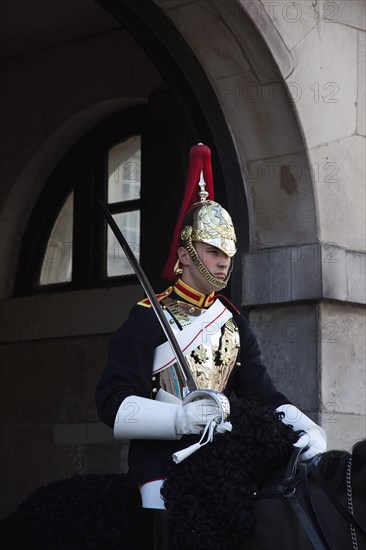 England, London, Westminster Whitehall Horse Guards Parade member of the Household Cavalry on horseback. 
Photo : Stephen Rafferty