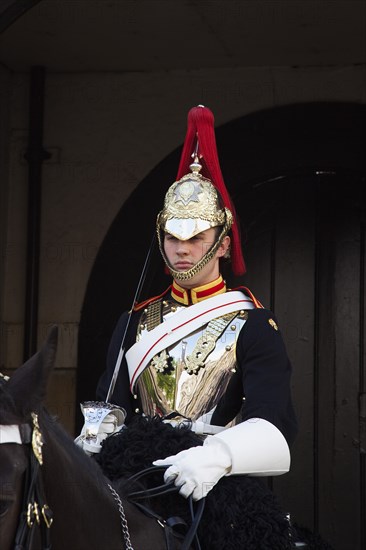 England, London, Westminster Whitehall Horse Guards Parade member of the Household Cavalry on horseback. 
Photo : Stephen Rafferty