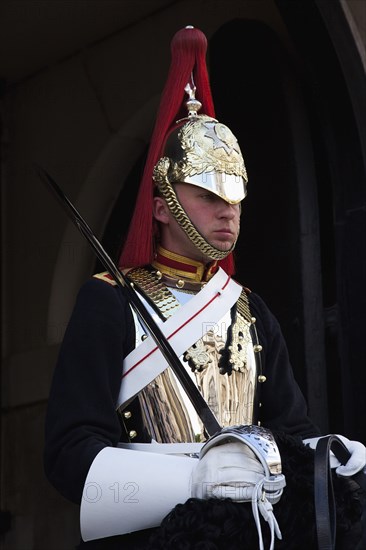 England, London, Westminster Whitehall Horse Guards Parade member of the Household Cavalry on horseback. 
Photo : Stephen Rafferty